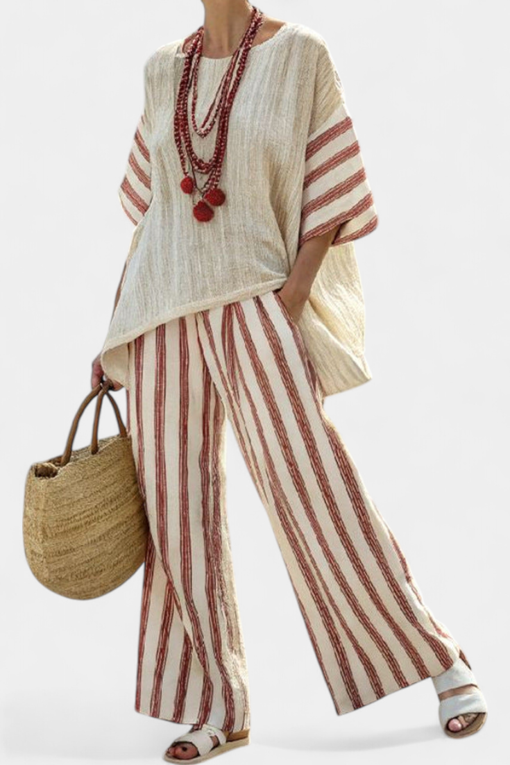 Braelith | Elegant Rustic Striped Top & Cream Linen Pants – Multi Colored Stripes