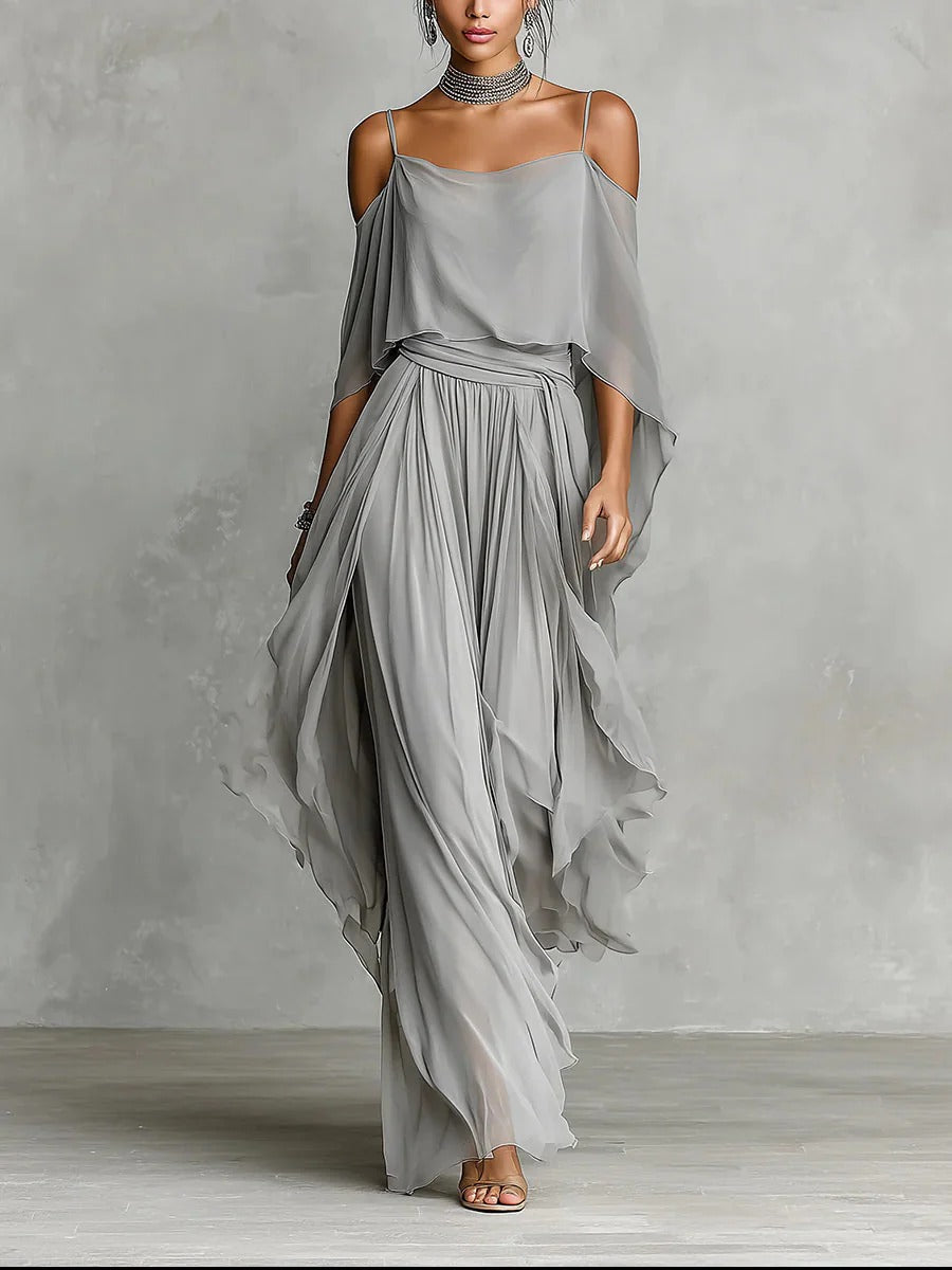 Isabela | Gray fluid set with spaghetti strap top and lightweight pants – Gray