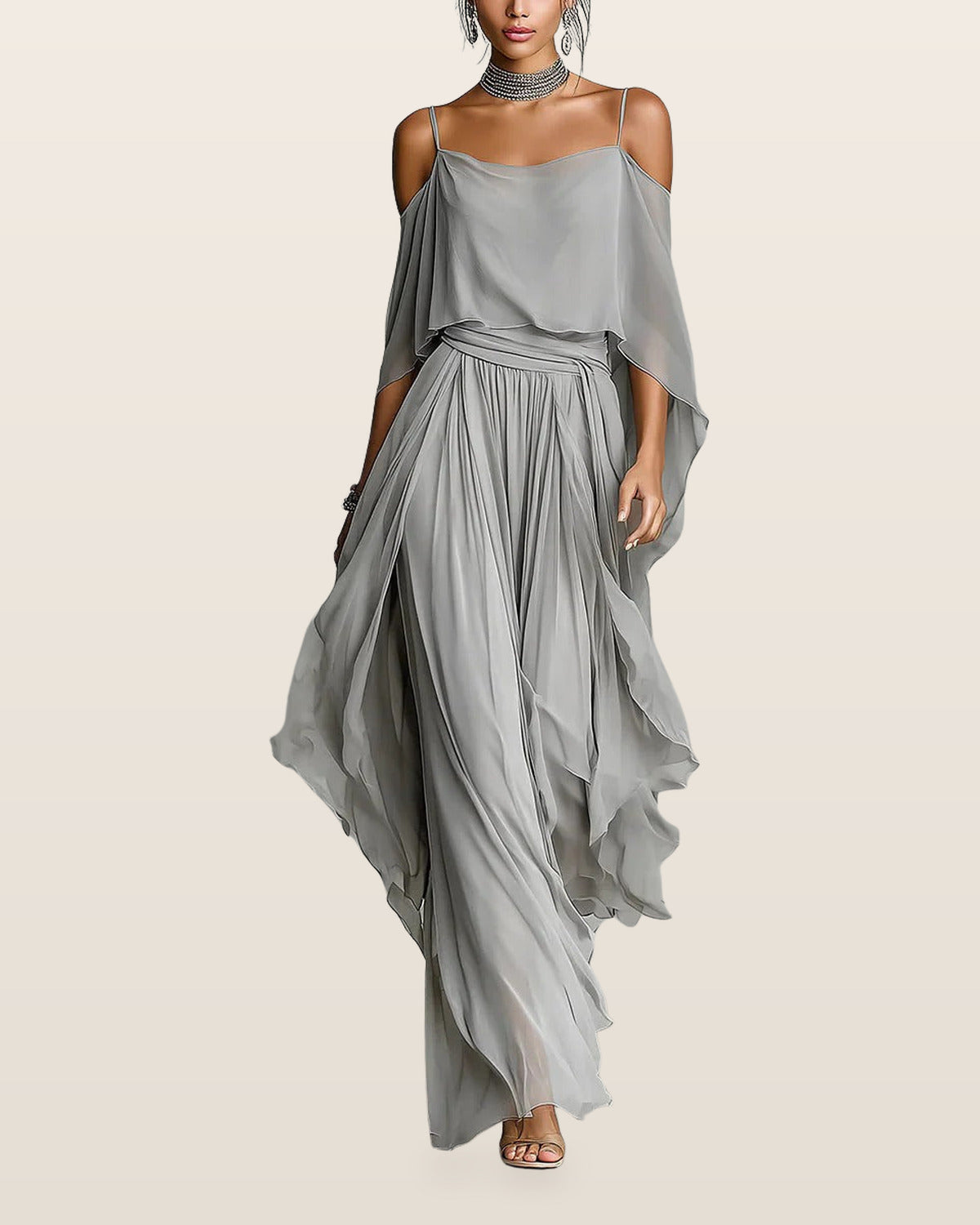 Isabela | Gray fluid set with spaghetti strap top and lightweight pants