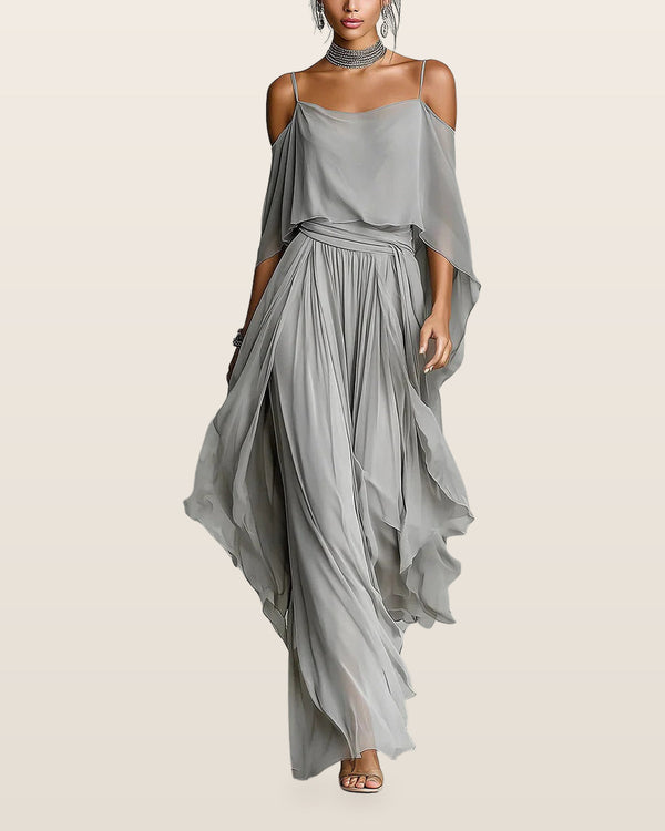 Isabela | Gray fluid set with spaghetti strap top and lightweight pants