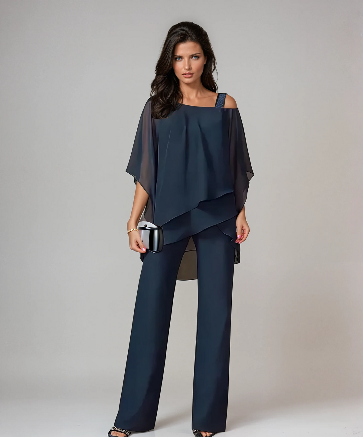 Cordelia | Elegant Chiffon Set – Navy Blue