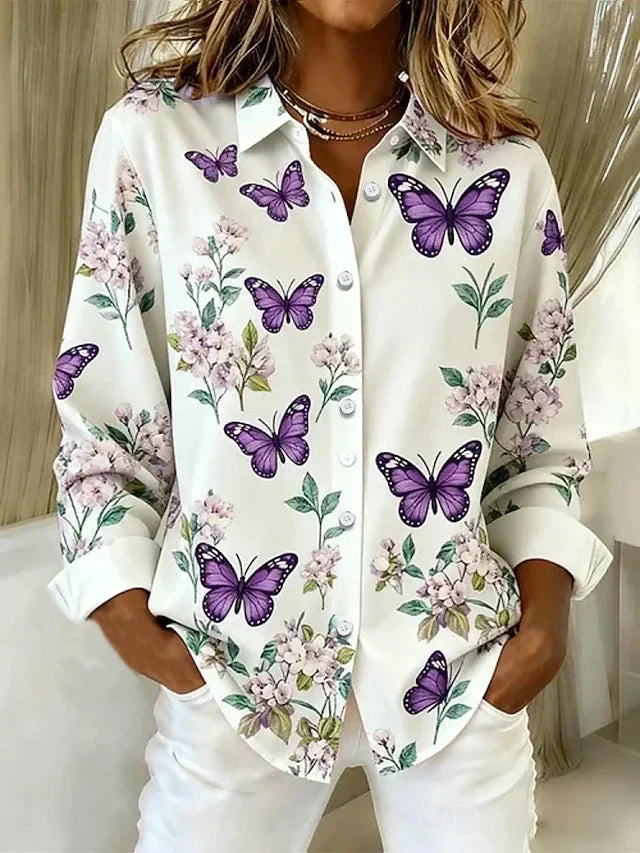 Audra | Whimsical Butterfly Print Button Blouse – White
