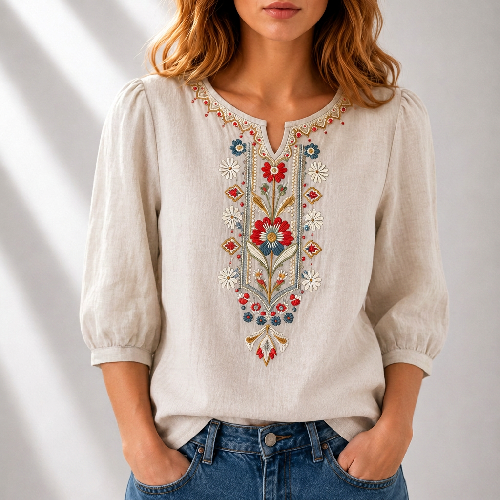 Cordelia | Artisan Embroidered Blouse – Beige