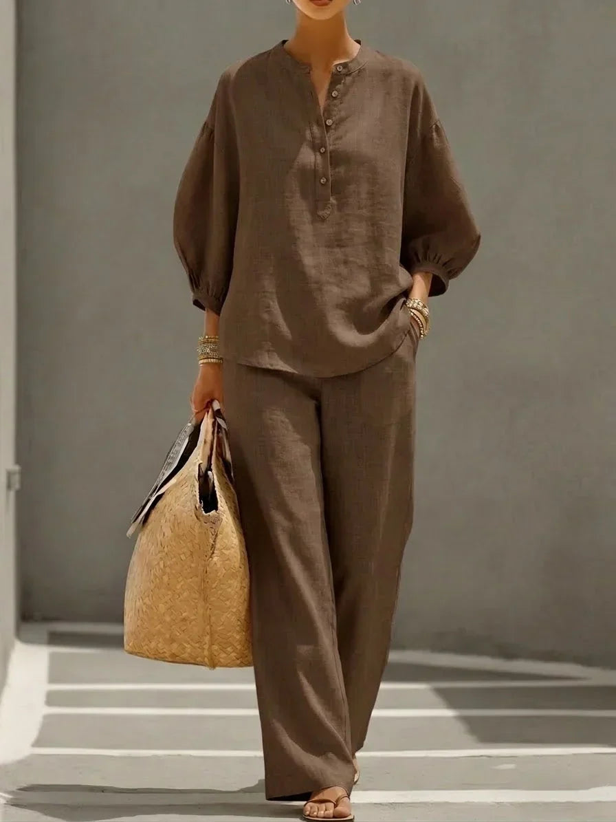 Camille | Linen Button-Up Two-Piece Set – Brown