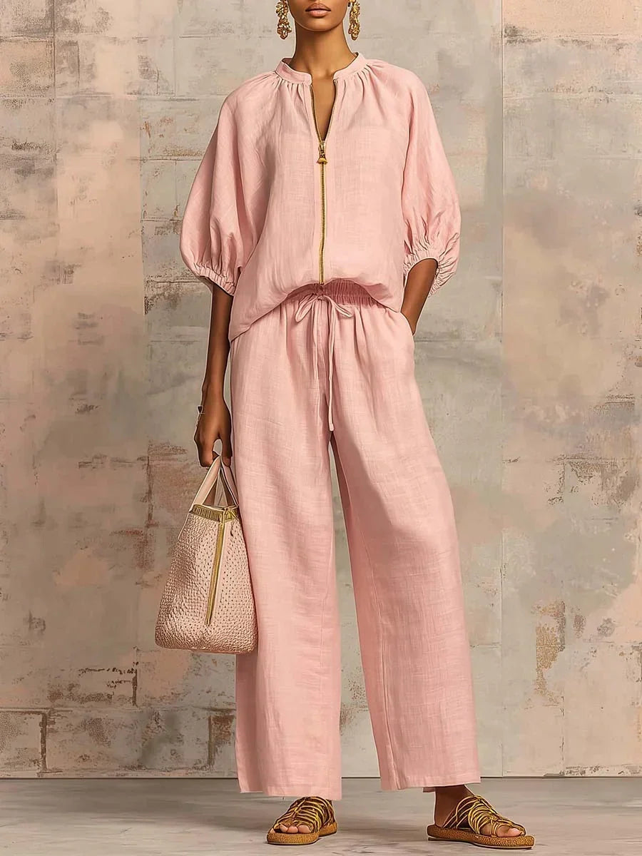 Amélie | Effortless Linen Zip Two-Piece Set – Pink