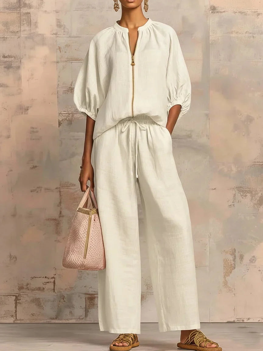 Amélie | Effortless Linen Zip Two-Piece Set – White