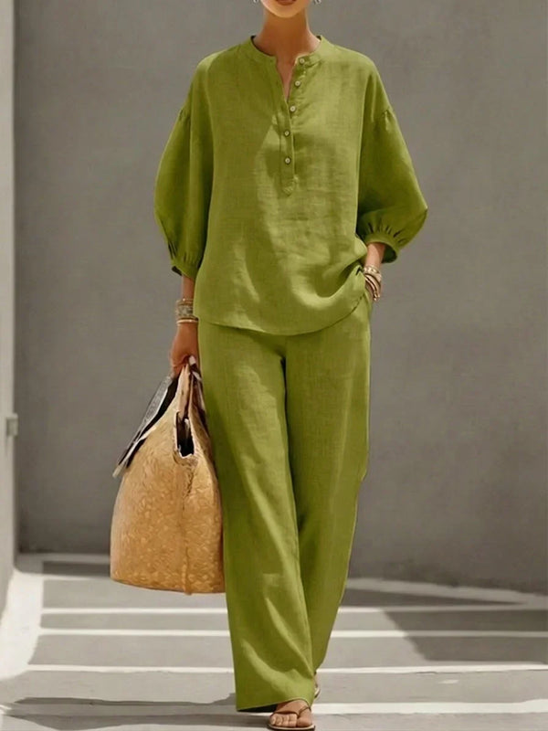 Camille | Linen Button-Up Two-Piece Set – Khaki