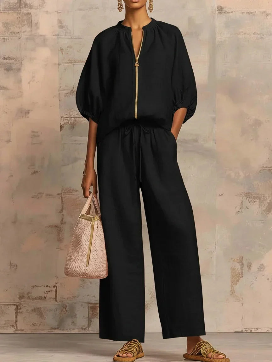 Amélie | Effortless Linen Zip Two-Piece Set – Black
