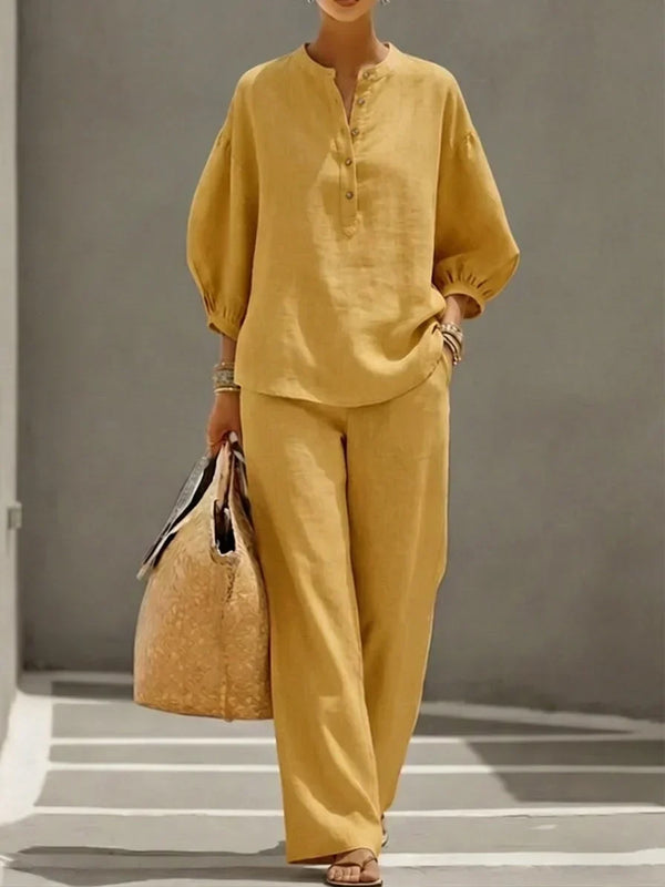 Camille | Linen Button-Up Two-Piece Set – Yellow
