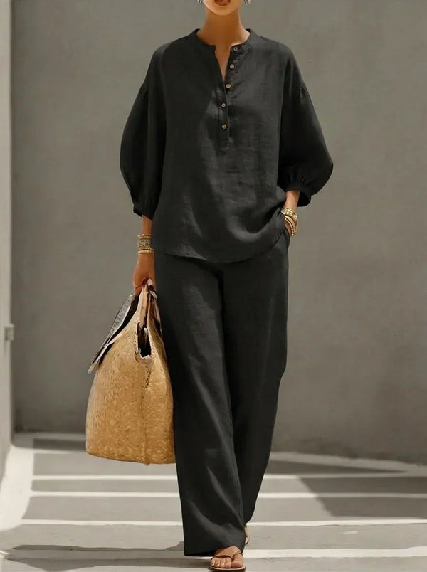 Camille | Linen Button-Up Two-Piece Set – Black