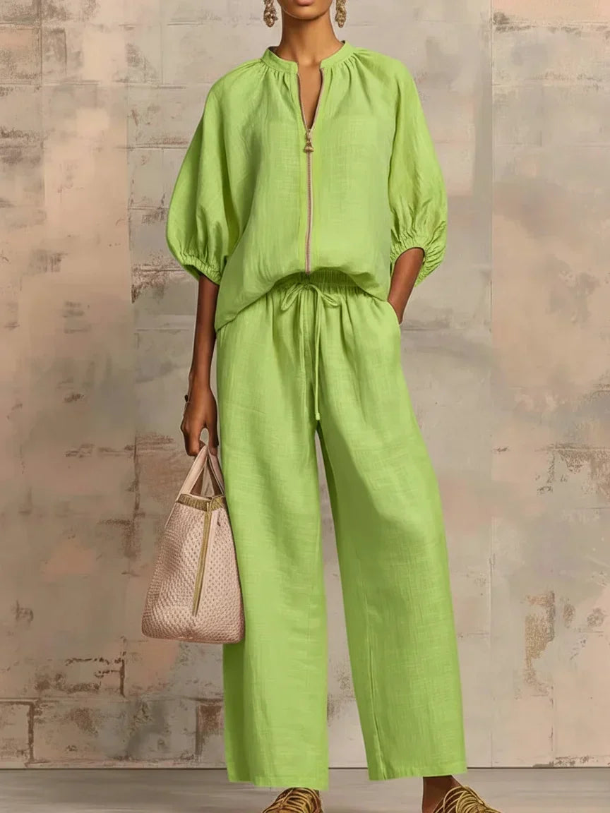 Amélie | Effortless Linen Zip Two-Piece Set – Green