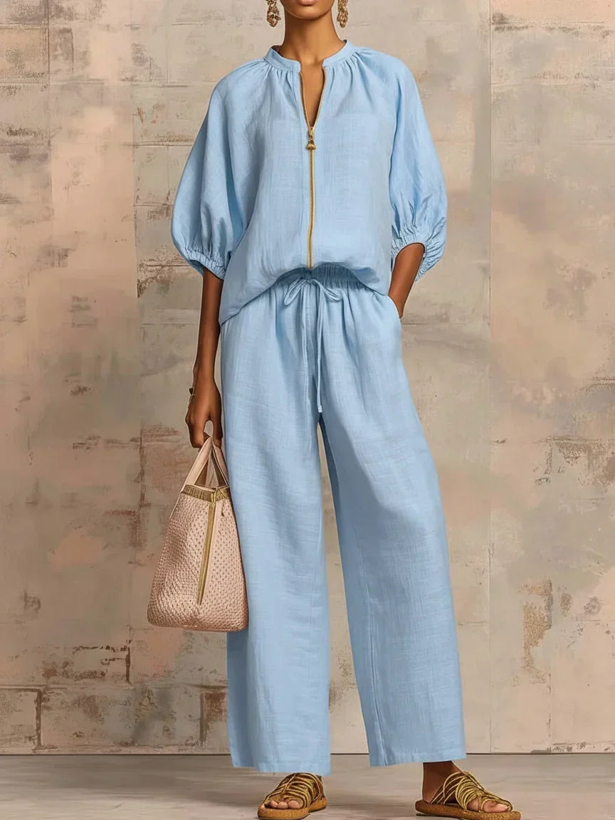 Amélie | Effortless Linen Zip Two-Piece Set – Blue
