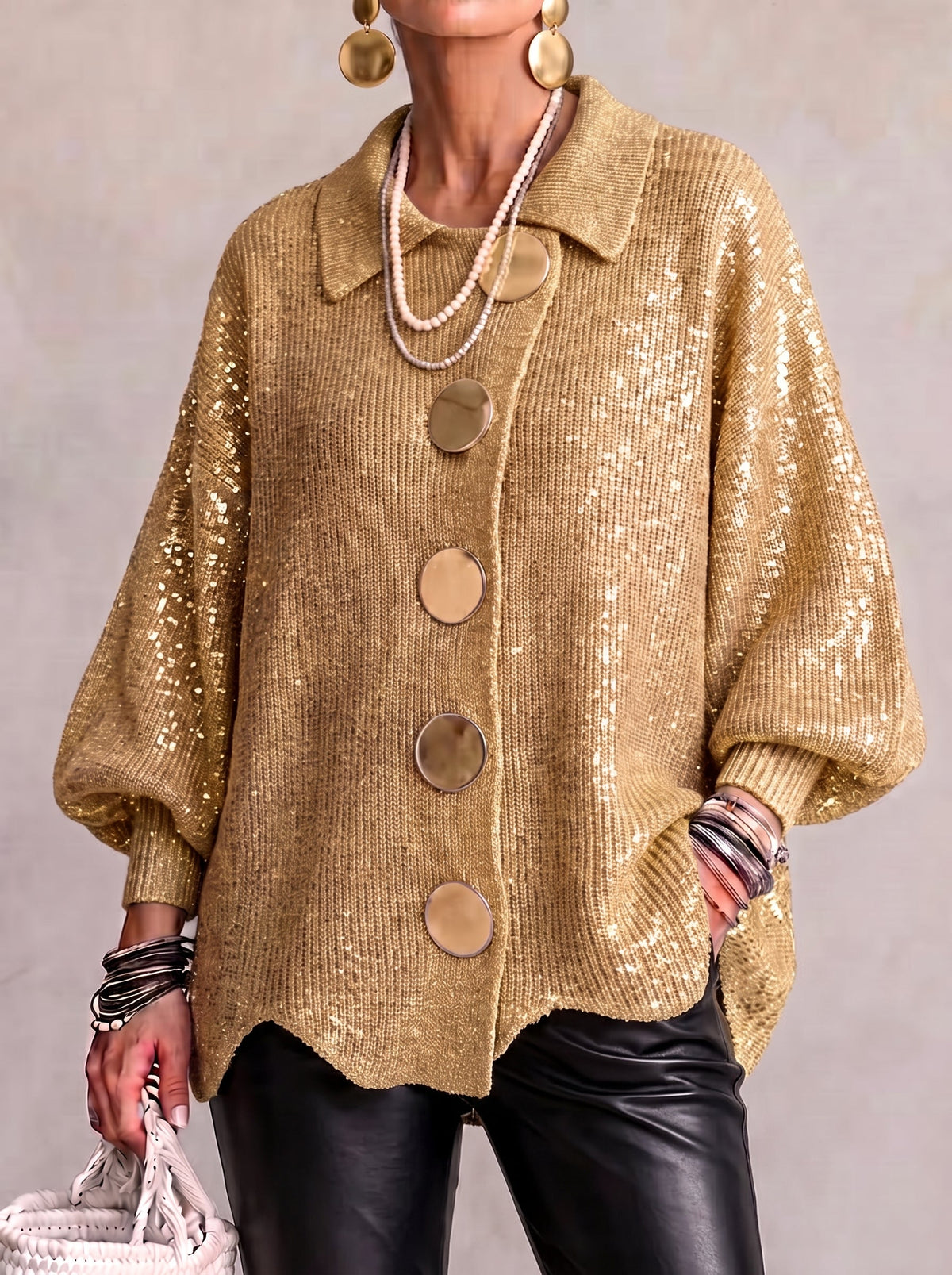 Isadora | Oversized Collared Cardigan With Large Metal Buttons – Gold