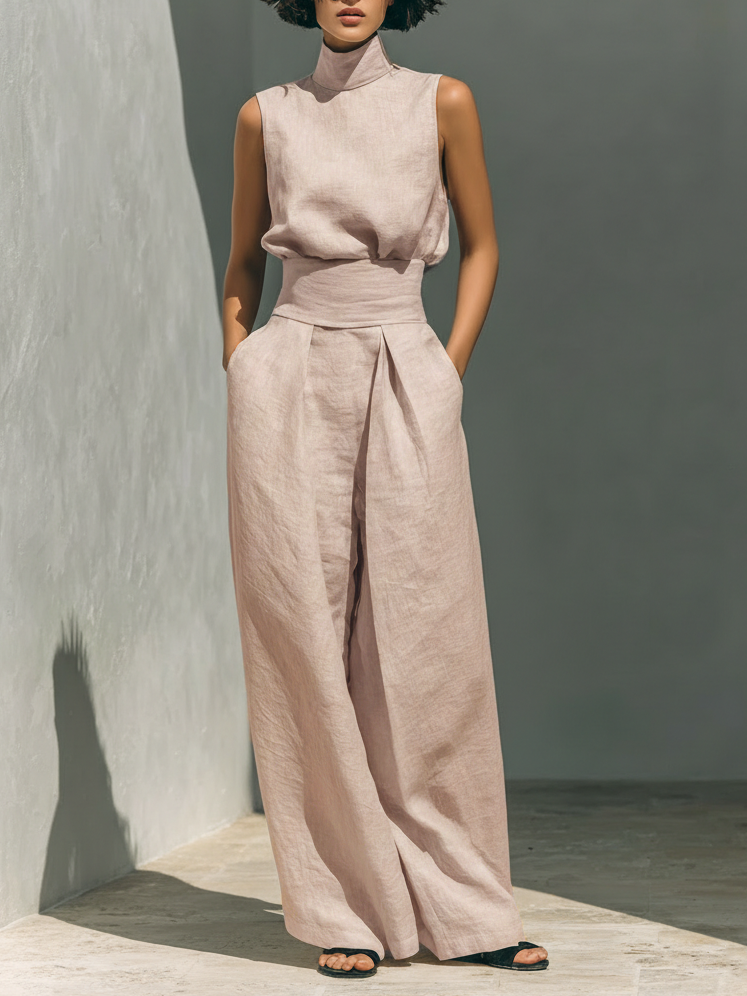Ariana | Elegant Linen Wide-Leg Set – Pink