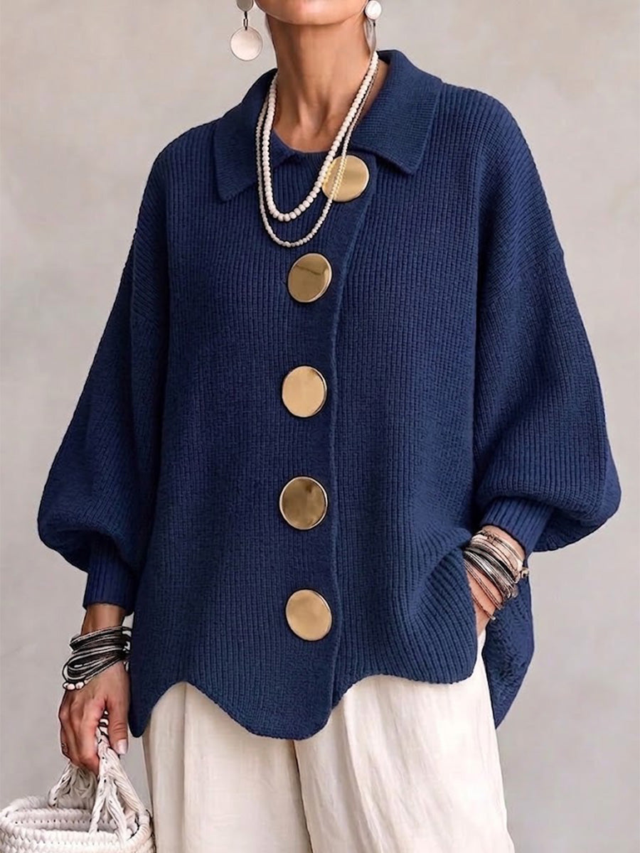 Isadora | Oversized Collared Cardigan With Large Metal Buttons – Navy Blue