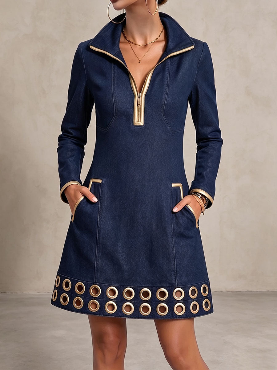 Hannah | Women's Long-sleeved Casual Loose Denim Dress With Gold Trim And Metallic Eyelets – Navy Blue