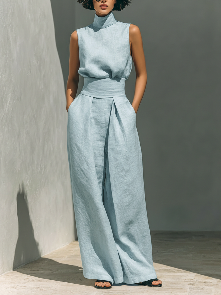 Ariana | Elegant Linen Wide-Leg Set – Blue