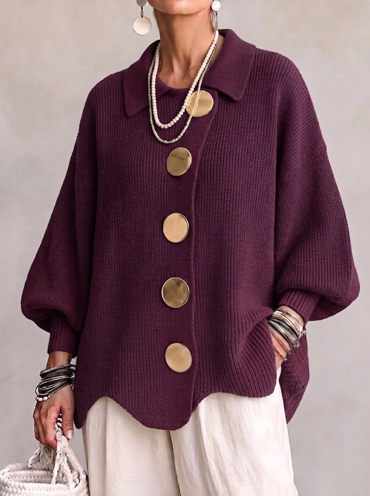 Isadora | Oversized Collared Cardigan With Large Metal Buttons – Wine