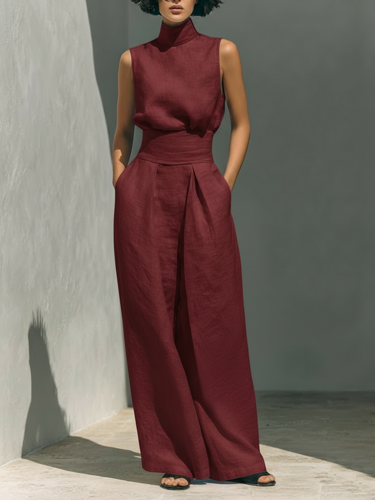 Ariana | Elegant Linen Wide-Leg Set – Red
