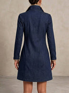 Hannah | Women's Long-sleeved Casual Loose Denim Dress With Gold Trim And Metallic Eyelets