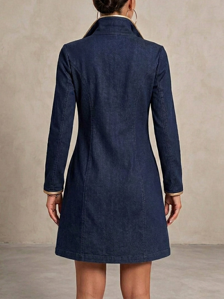 Hannah | Women's Long-sleeved Casual Loose Denim Dress With Gold Trim And Metallic Eyelets