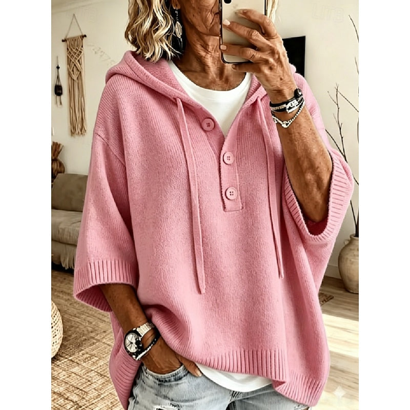 Camryn | Relaxed Hooded Button Sweater – Pink