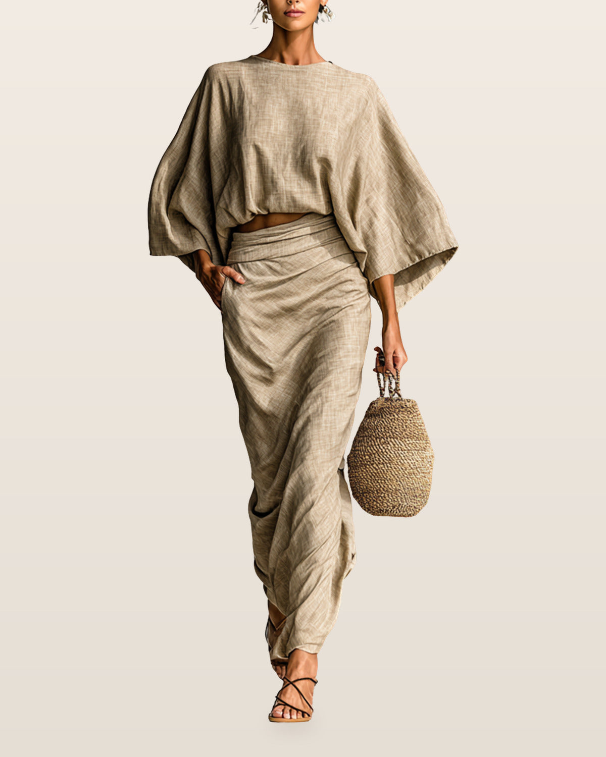 Selene | Soft Batwing Top and Maxi Skirt Two-Piece Set – Khaki