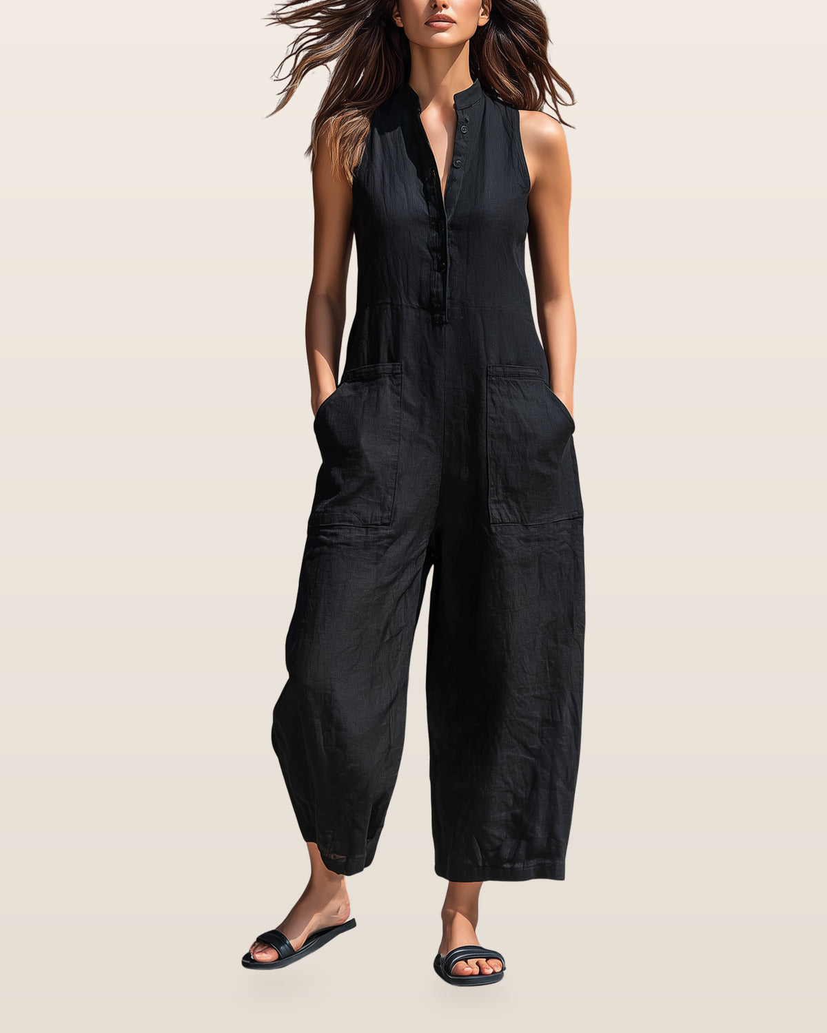Sleeveless Minimalist Jumpsuit for Women with High Collar and Buttons – Black