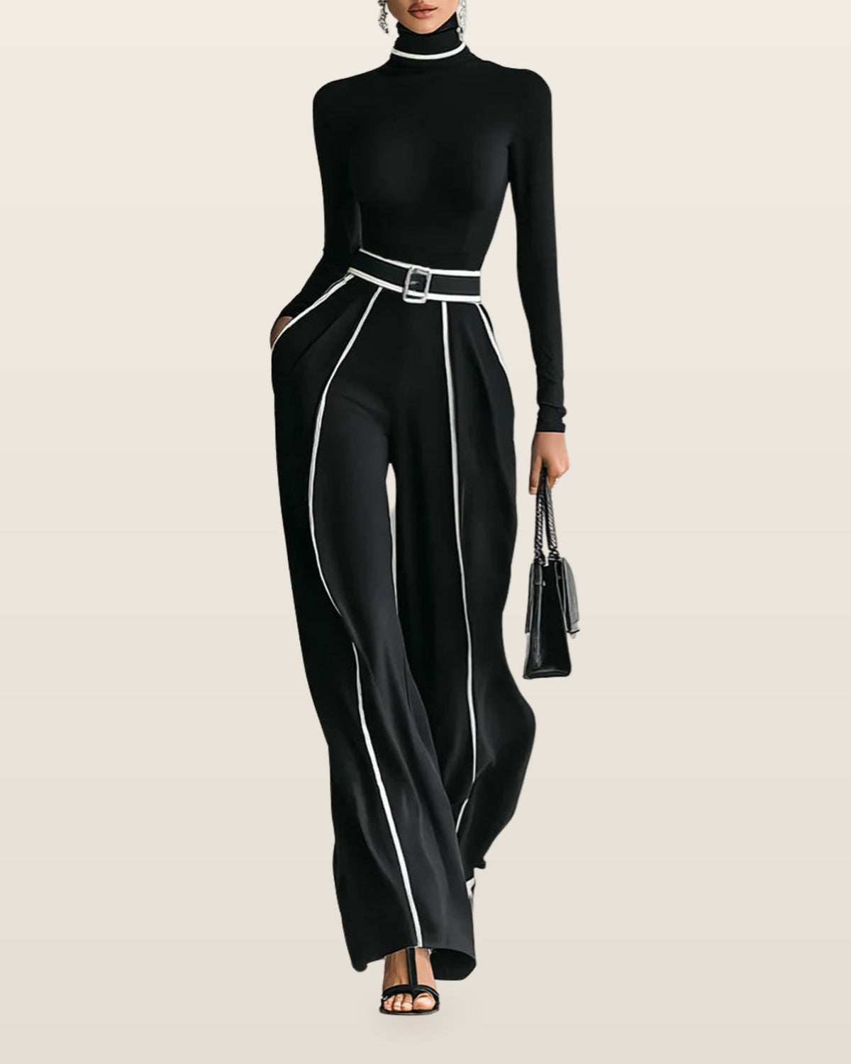 Solana | Long Sleeve Turtleneck and Wide Leg Pants Set with Belt – Black