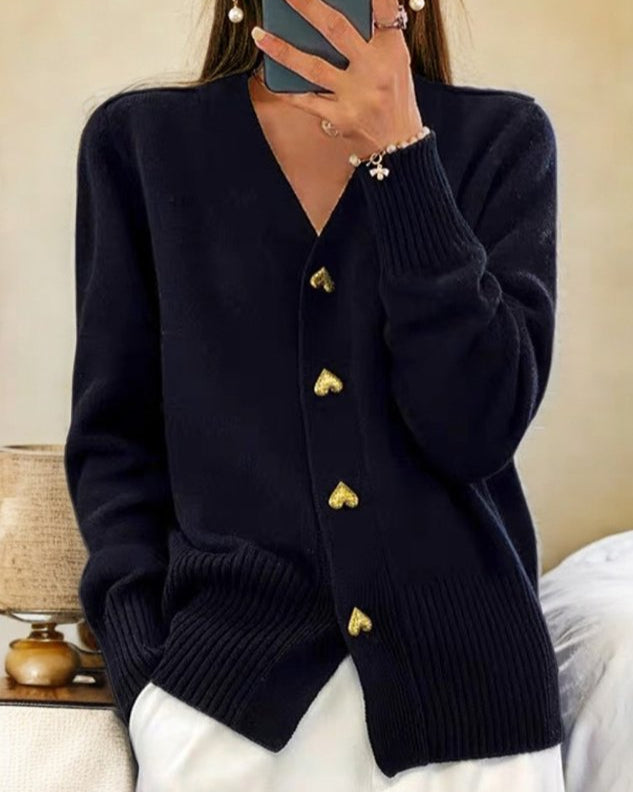 Adele | Elegant Cardigan with Heart-Shaped Buttons – Black