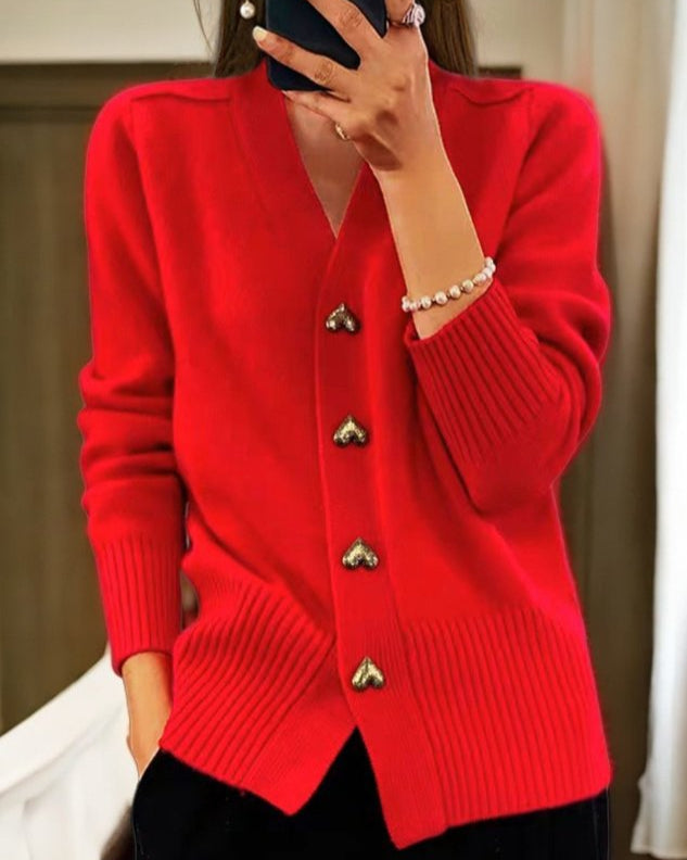 Adele | Elegant Cardigan with Heart-Shaped Buttons – Red