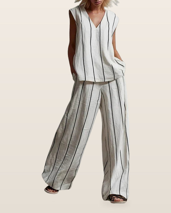 Amelia | Striped Pants Set – Beige