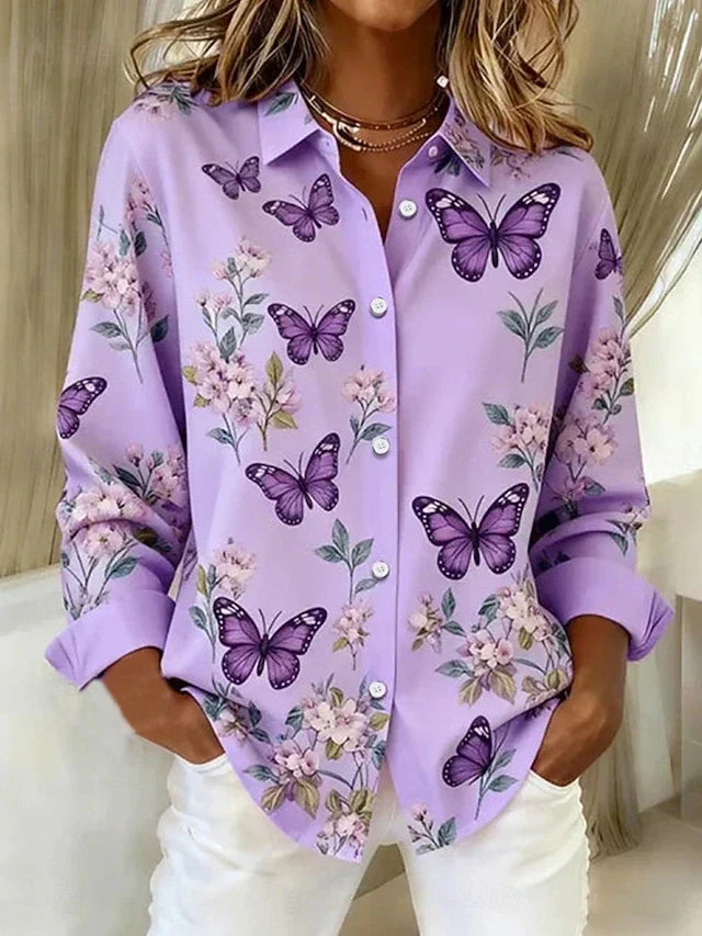 Audra | Whimsical Butterfly Print Button Blouse – Purple