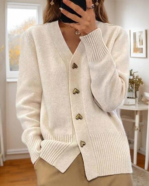 Adele | Elegant Cardigan with Heart-Shaped Buttons – Beige