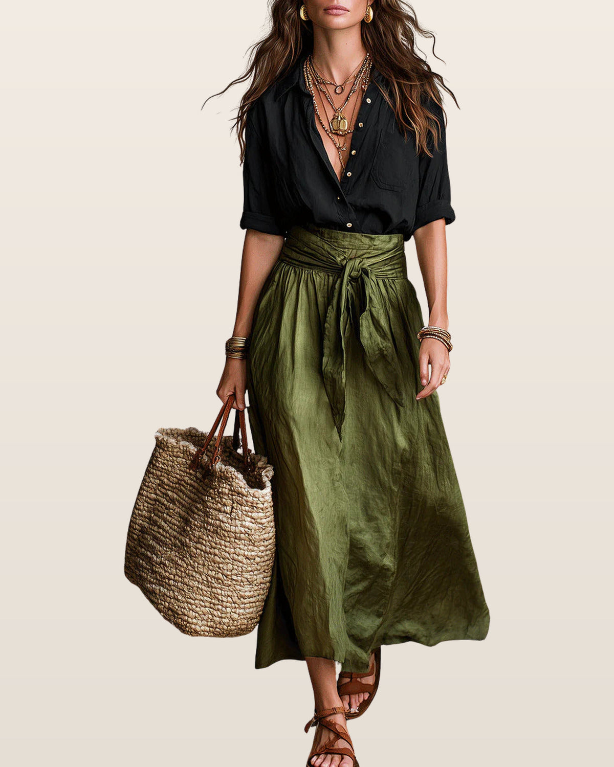 Vera | Two-Piece Set: Black Top and Olive Green Midi Skirt – Black Green
