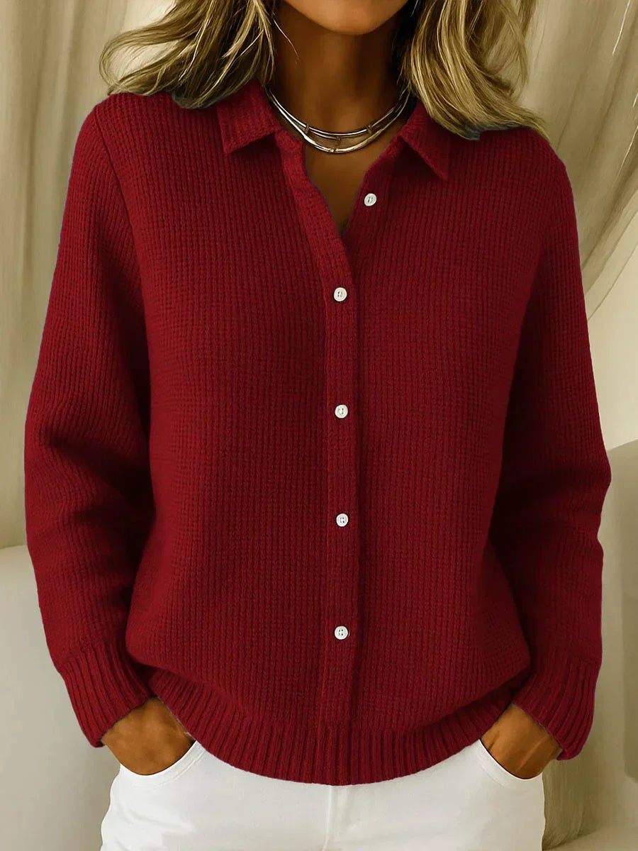 Amelia | Women's Collared Button-Down Textured Knit Sweater Cardigan – Wine Red