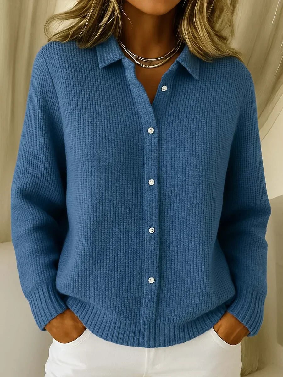 Amelia | Women's Collared Button-Down Textured Knit Sweater Cardigan – Dark Blue