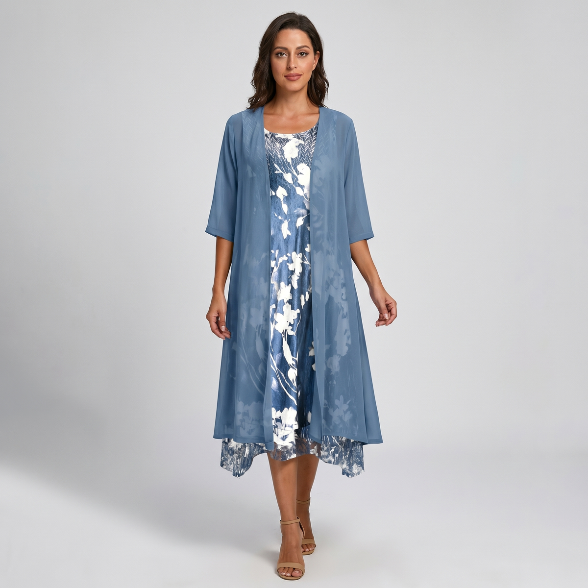 Adeline | Floral Midi Dress and Sheer Duster Two Piece Layered Elegant Set
