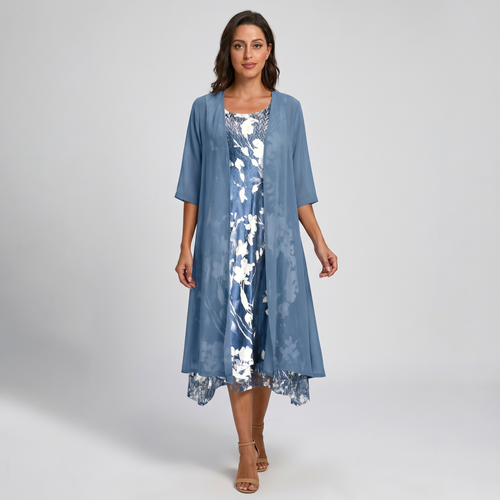Adeline | Floral Midi Dress and Sheer Duster Two Piece Layered Elegant Set