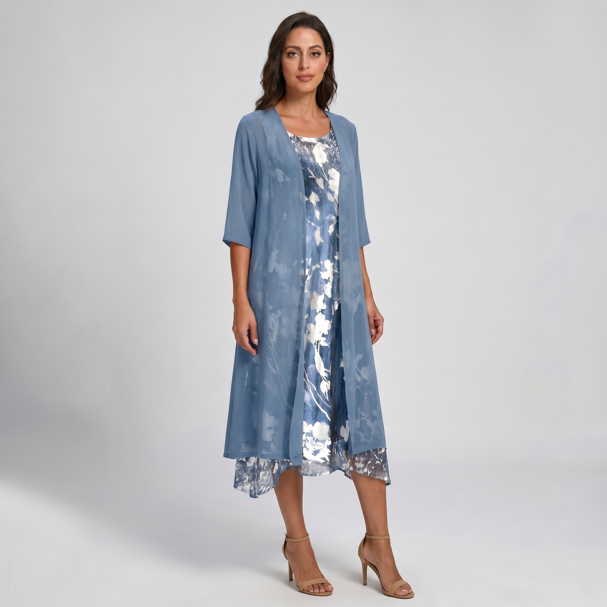 Adeline | Floral Midi Dress and Sheer Duster Two Piece Layered Elegant Set