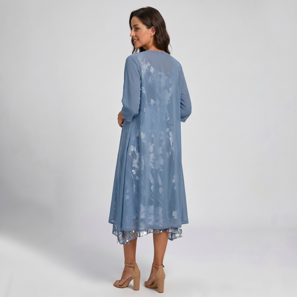 Adeline | Floral Midi Dress and Sheer Duster Two Piece Layered Elegant Set