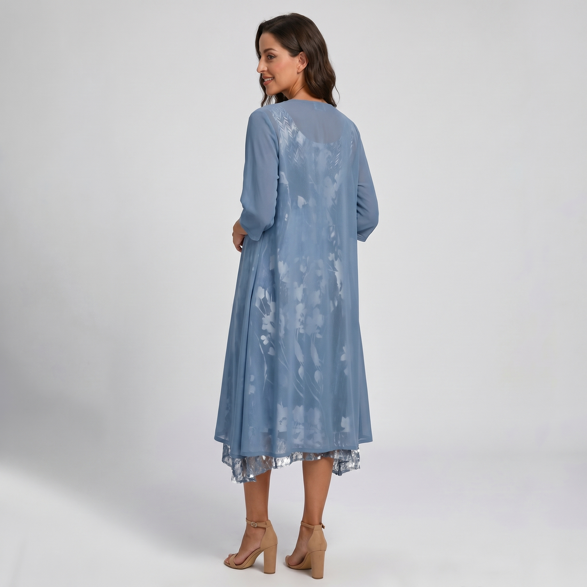 Adeline | Floral Midi Dress and Sheer Duster Two Piece Layered Elegant Set