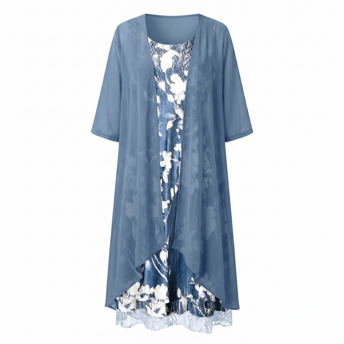 Adeline | Floral Midi Dress and Sheer Duster Two Piece Layered Elegant Set
