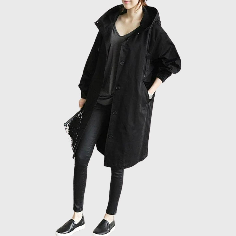 Amelia | Women's Hooded Waterproof Relaxed-Fit Long Trench Coat – Black