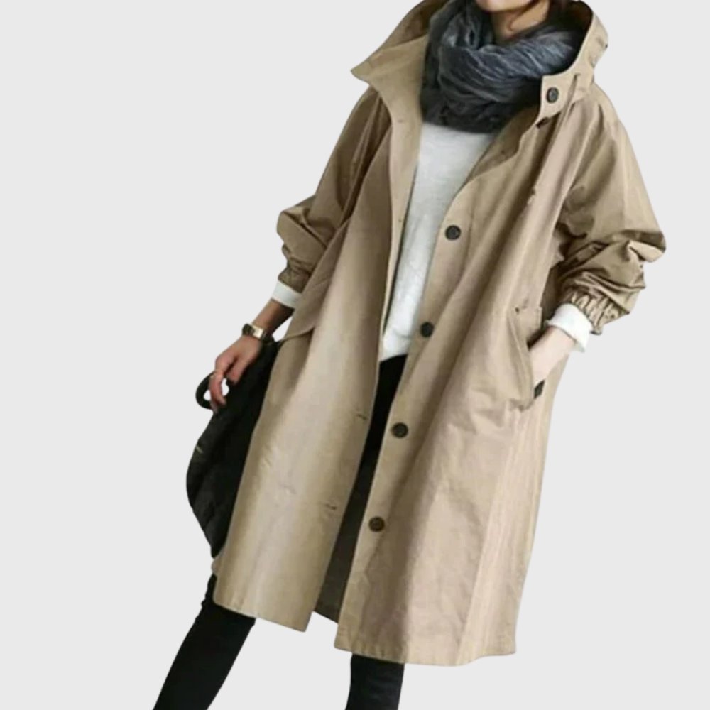 Amelia | Women's Hooded Waterproof Relaxed-Fit Long Trench Coat – Brown