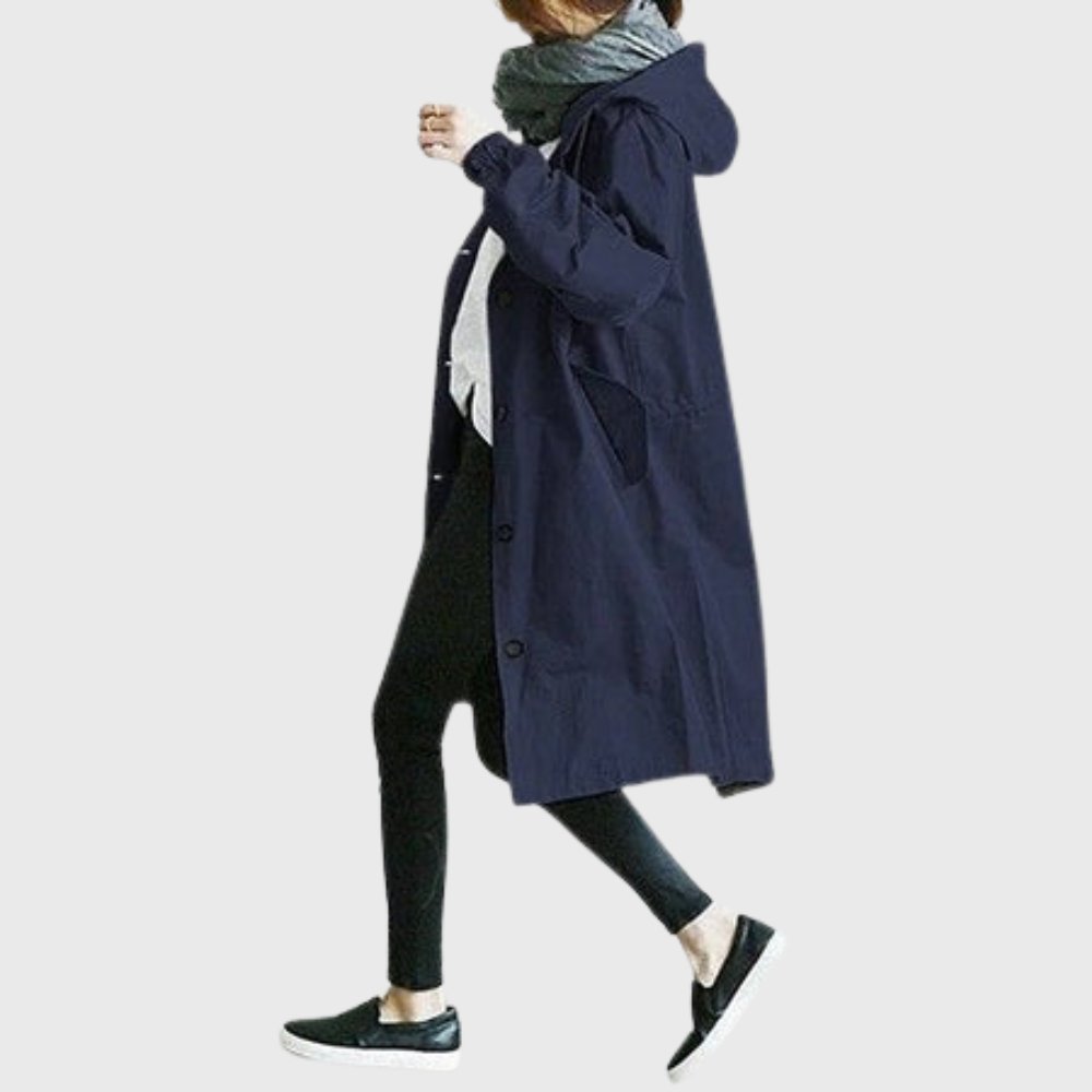 Amelia | Women's Hooded Waterproof Relaxed-Fit Long Trench Coat – Blue