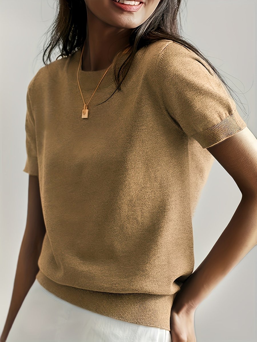 Amelia | Women's Relaxed-Fit Short-Sleeve Knit Sweater Top – Earth Tan
