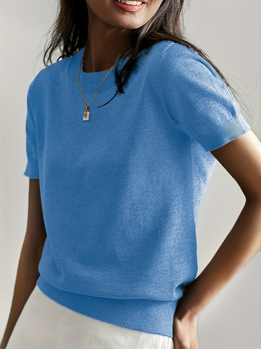 Amelia | Women's Relaxed-Fit Short-Sleeve Knit Sweater Top – Blue
