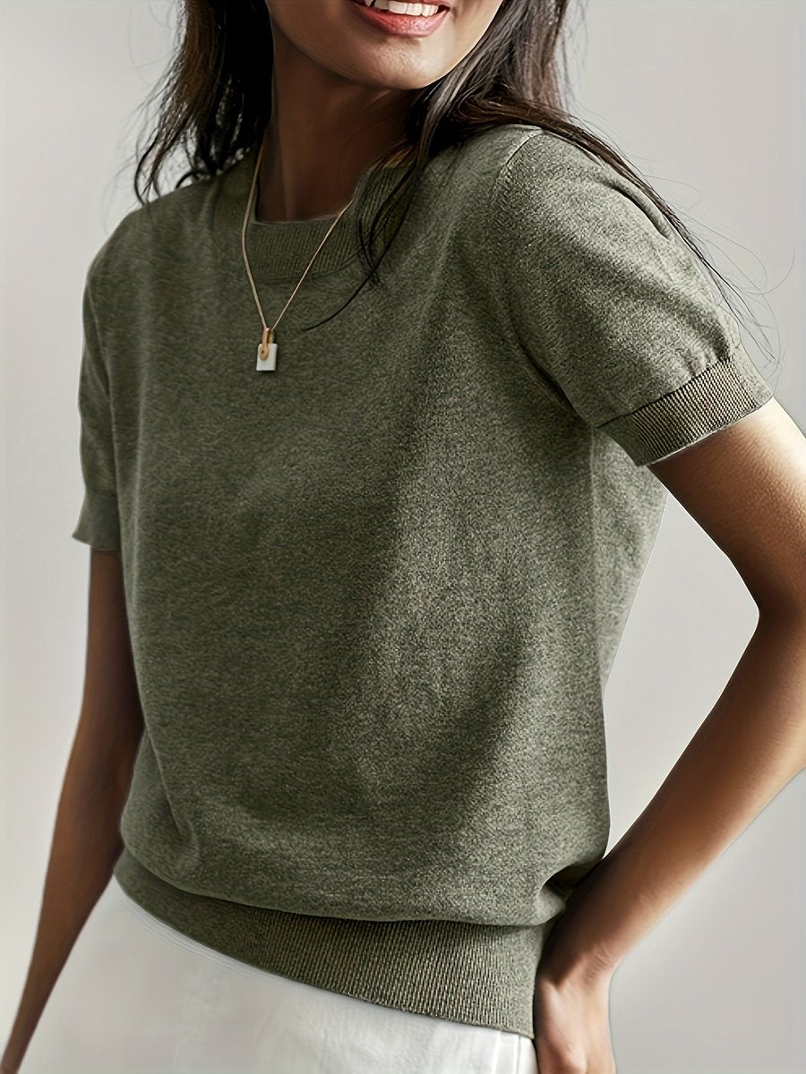 Amelia | Short-Sleeve Knit Sweater – Olive