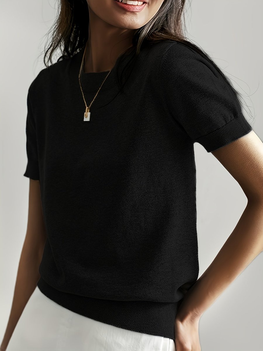 Amelia | Women's Relaxed-Fit Short-Sleeve Knit Sweater Top – Black